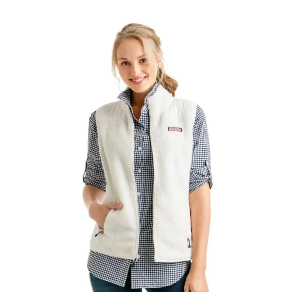 Vineyard Vines Sea View Sherpa Quilted Vest Womens XS Ivory White Full Zip